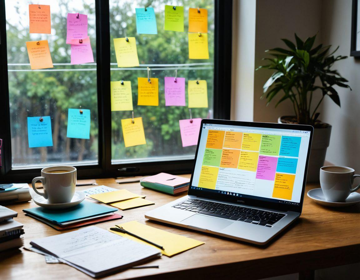 A digital workspace featuring a sleek laptop with code snippets of Java on the screen, surrounded by colorful sticky notes with creative ideas for content creation. A cozy coffee cup sits nearby, and a window shows a sunny day outside. Elements of online journaling, such as an open journal and a pen, add a personal touch. The atmosphere is inspiring, inviting creativity and technology to merge. super-realistic. vibrant colors. cozy atmosphere.