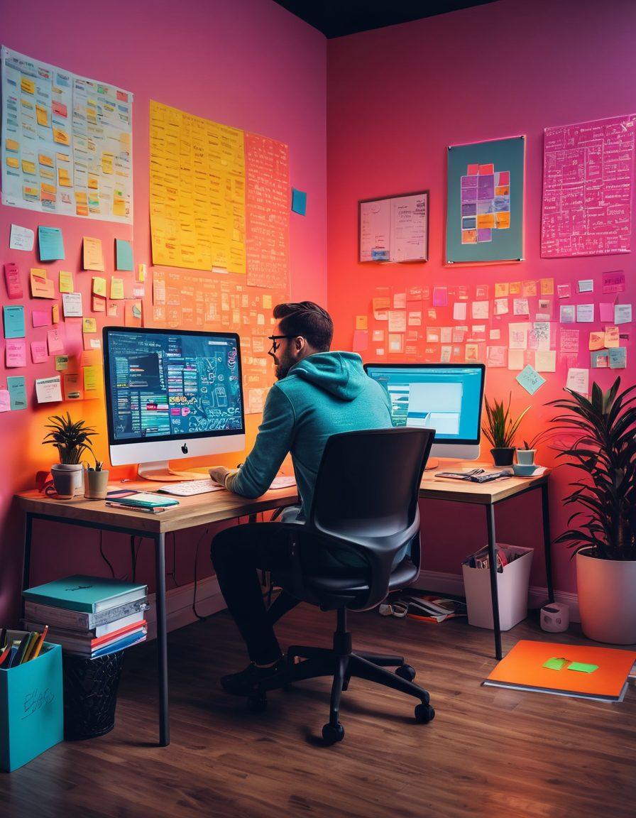 A creative developer sitting at a stylish workspace filled with dual monitors displaying code and a vibrant blog interface. Surrounding them are colorful sticky notes with brainstorming ideas and sketches of blog layouts. Bright, upbeat colors represent the 'vibrant blogosphere,' while a glowing keyboard and coffee cup evoke a lively, productive atmosphere. Icons of technology and social media float around, symbolizing connection and growth. digital art. vibrant colors. modern aesthetic.