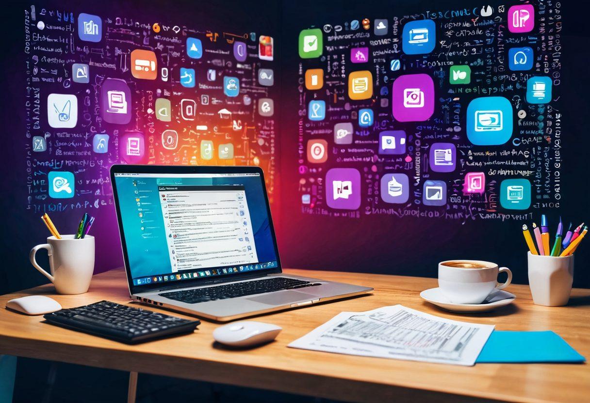 A vibrant and dynamic digital landscape showcasing a developer immersed in coding on a laptop, surrounded by various blog icons like pens, coffee cups, and computer screens displaying colorful blog posts. The background features a fusion of technology and personal lifestyle elements, signifying the connection between development and blogging. Include Java EE code snippets floating in the air. super-realistic. vibrant colors. 3D.